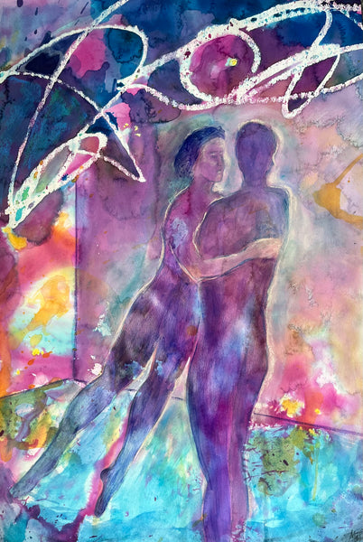 Abstract watercolor painting of two embracing human figures in purple and blue tones, surrounded by expressive white gestural lines and colorful washes of pink, yellow, orange, and teal.