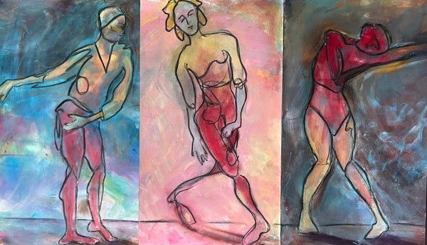 A triptych-style painting showing three abstract human figures in motion, rendered with blue, pink, red, and yellow brushstrokes on a dark background.