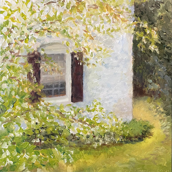 Snowbells and Carriage House, oil on linen on board painting by Cerulean Arts Collective Member Jeff Thomsen