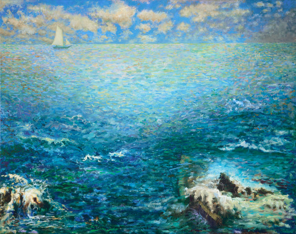 Une barque sur l'ocean (A Boat on the Ocean), oil on linen painting by Cerulean Arts Collective Member Jeff Thomsen