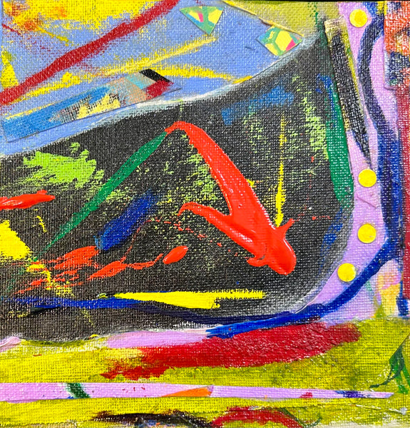 Abstract painting with colorful shapes and a black oval