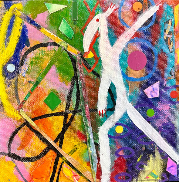 Abstract artwork with a white figure and colorful geometric shapes