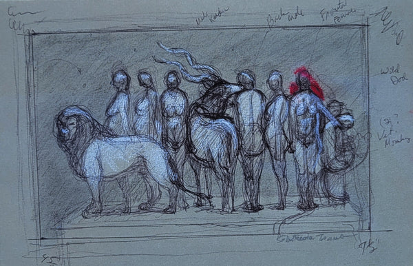 A charcoal and pencil sketch on blue-gray paper, depicting several nude human figures alongside a large lion-like animal, with a small red accent near the top right figure. Handwritten notes are visible around the drawing.