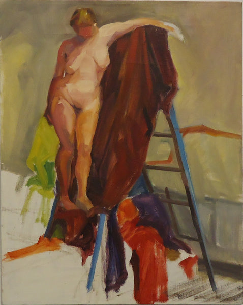 Model on a Ladder, oil on canvas painting by Philadelphia artist Patricia Traub