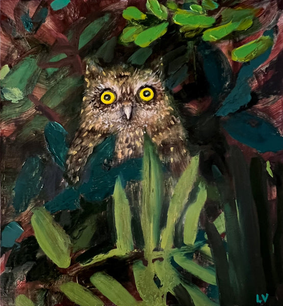Painting of an owl peeking from behind leaves