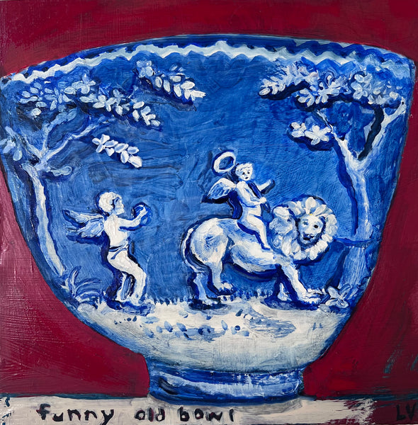 Still life painting of a decorative blue bowl with angel and lion design on a red background