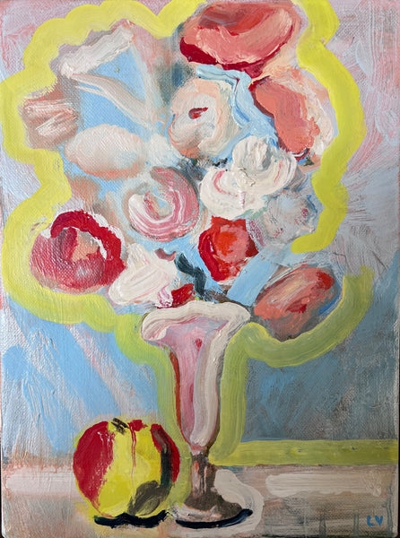 Artistic depiction of a bouquet of flowers in a vase with a yellow border