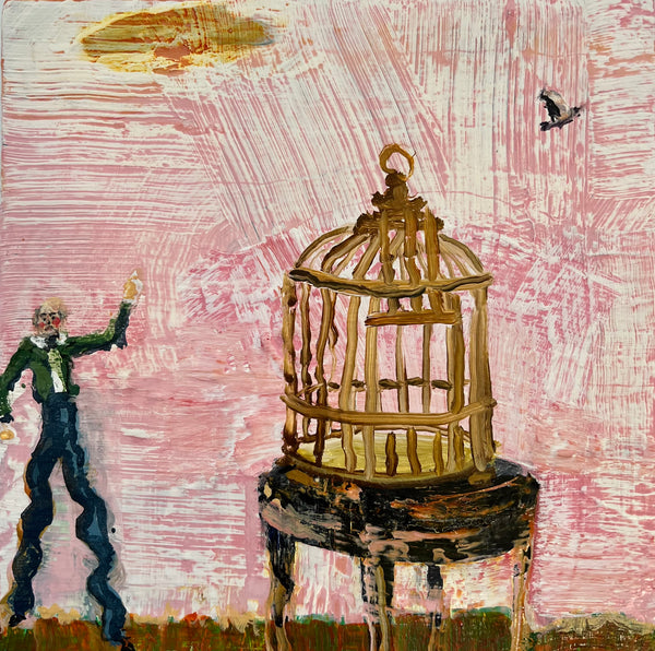 Artistic depiction of a person next to a birdcage with a textured pink background