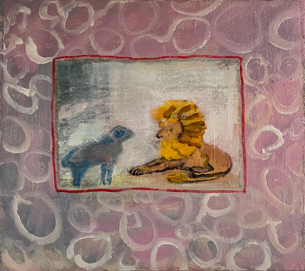Small painting of a lion and a bear in a decorative frame on a textured pink background.