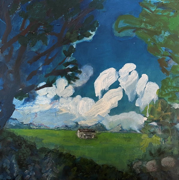 Painting of a landscape with trees, a house, and clouds.