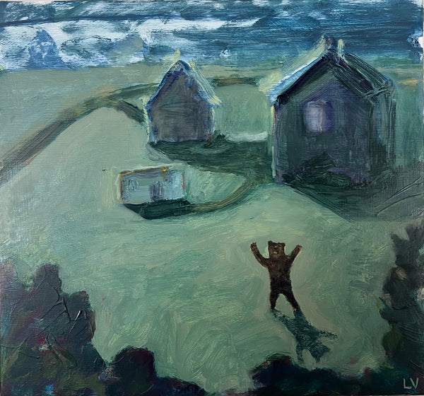 Painting of a bear standing on a snowy landscape with small buildings.