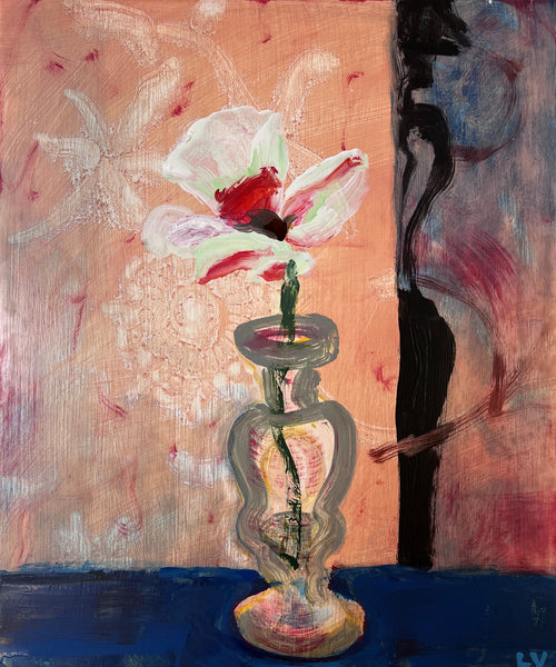 Painting of a flower in a vase with abstract background