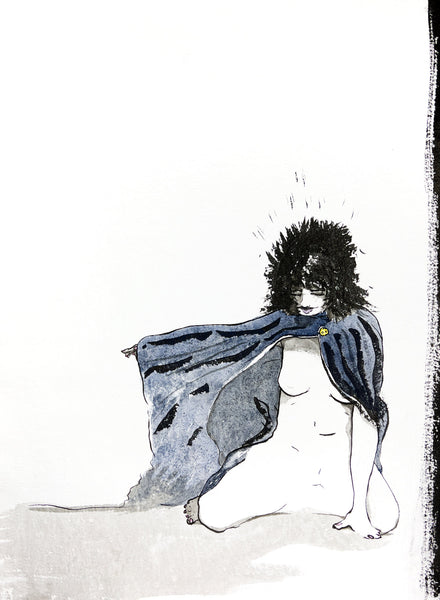 Presuppose (Invisible Ink), ink and watercolor on paper portrait painting by Cerulean Arts Collective Member Ian Wagner. 