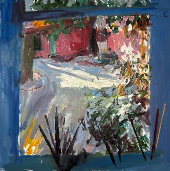 Painting of a snowy landscape with a window view, featuring trees and a red building.