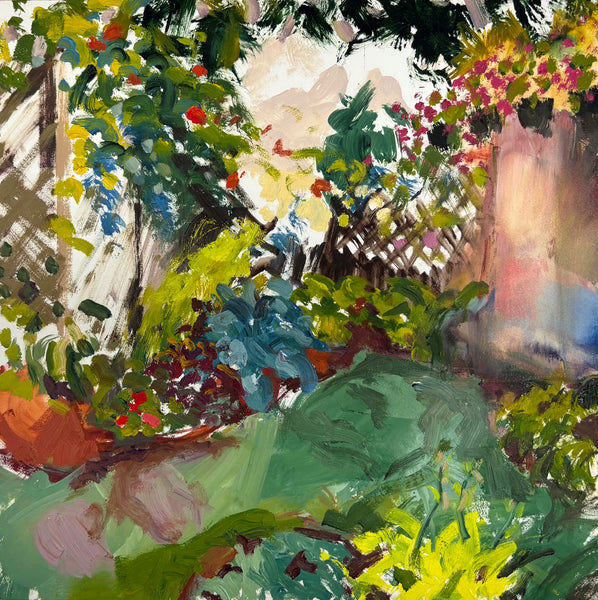 Colorful painting of a garden scene with various plants and flowers.