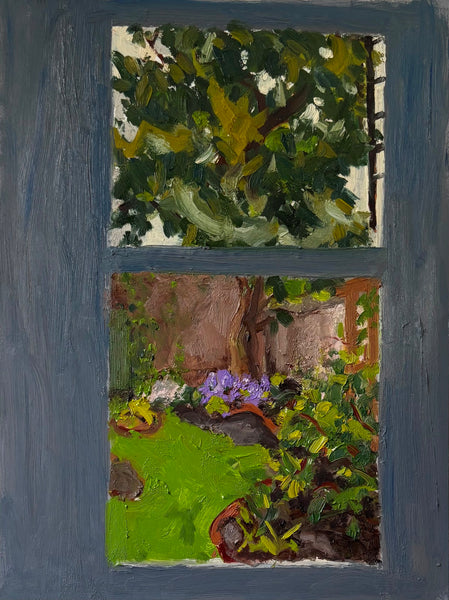Painting of a garden scene viewed through a window in a gray wall