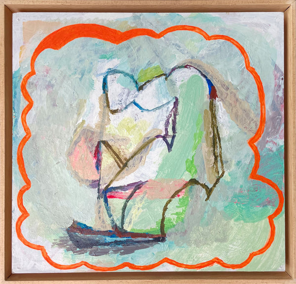An abstract framed painting featuring a central figure outlined in dark strokes, set against a soft pastel background with mint green, pale blue, and cream tones, framed by a warm wood border and a bold orange cloud-like outline.