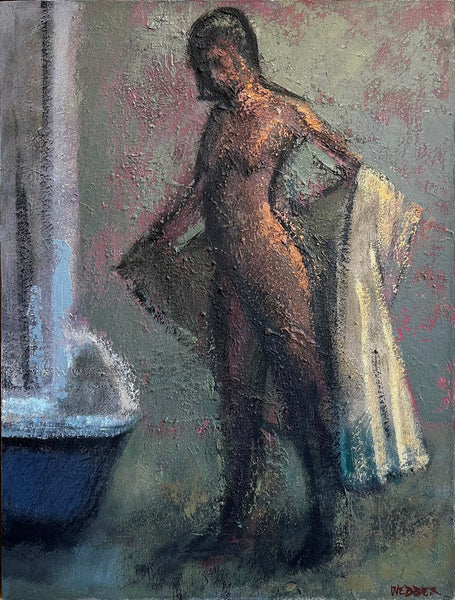 Artistic depiction of a nude figure holding a towel in a classical setting