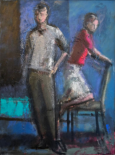 Abstract painting of two figures, one standing and one sitting on a chair, against a blue background.