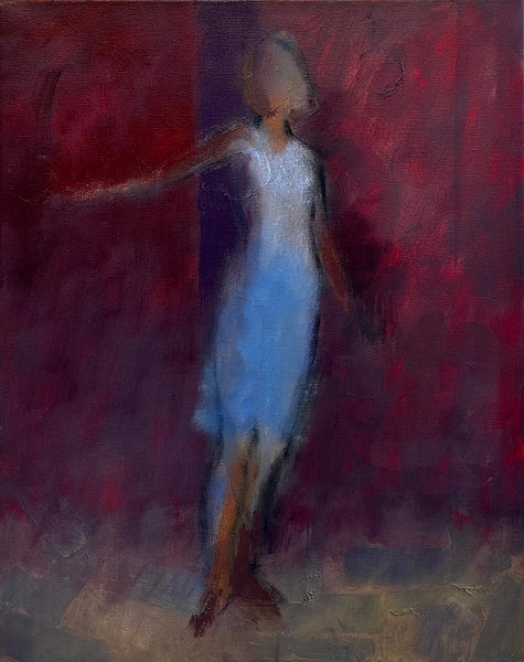 Abstract painting of a figure in a blue dress against a red and purple background