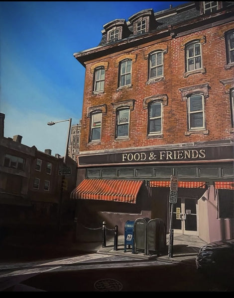 Painting of a brick building with 'Food & Friends' sign on a city street