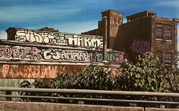 Painting of a graffiti-covered brick wall with overgrown plants and a blue sky.