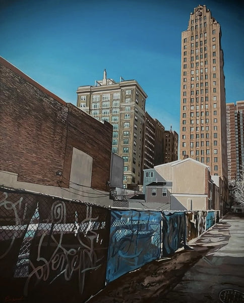 Painting of an urban alleyway with tall buildings and graffiti on a sunny day
