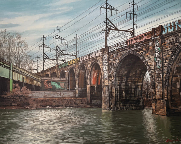 Painting of a stone railroad bridge over water with power lines and graffiti, urban scene