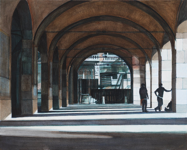 Afternoon Shadows, Milan, watercolor on Arches paper painting by Cerulean Arts Collective member Kathleen Wert.