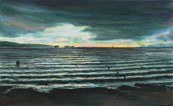 End of Day, Vancouver, watercolor on Arches paper painting by Cerulean Arts Collective member Kathleen Wert
