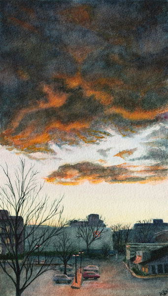 Fire Sky, watercolor on Arches paper painting by Cerulean Arts Collective member Kathleen Wert.