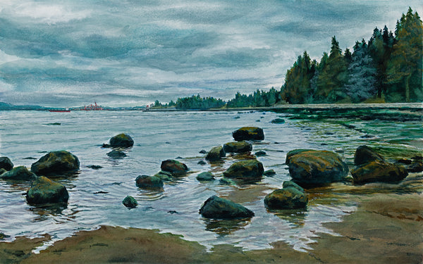 Gray Day, Burrard Inlet, watercolor on Arches paper painting by Cerulean Arts Collective member Kathleen Wert.