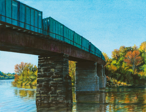 Rolling Stock, watercolor on Arches paper painting by Cerulean Arts Collective member Kathleen Wert.