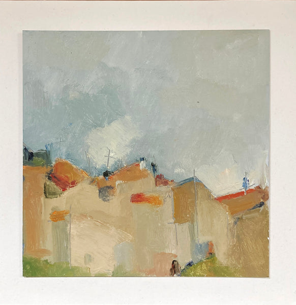 Abstract painting of houses with a gray sky