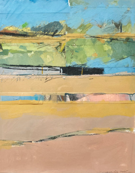 Abstract landscape painting with horizontal stripes in various colors