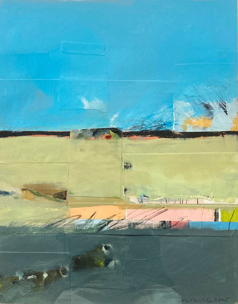 Abstract landscape artwork with a blue, green, and gray color palette