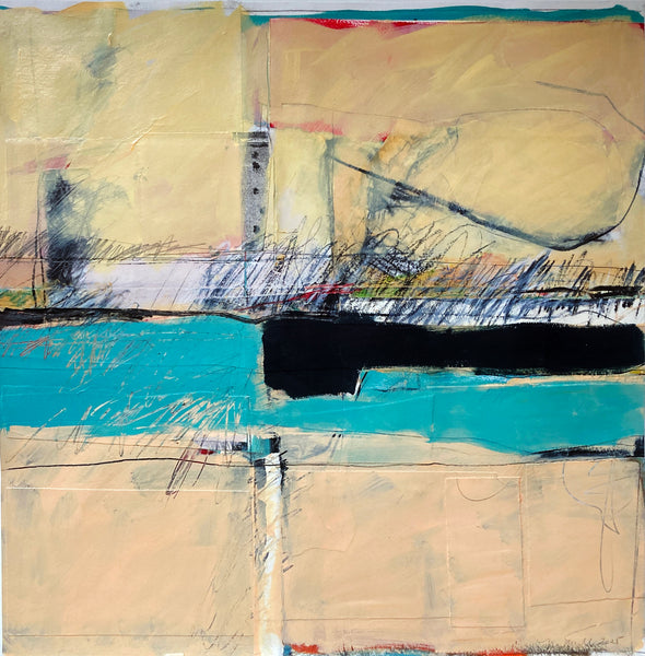 Abstract art piece with beige, blue, and black colors