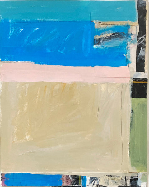 Abstract art piece with horizontal stripes of blue, pink, beige, and green.