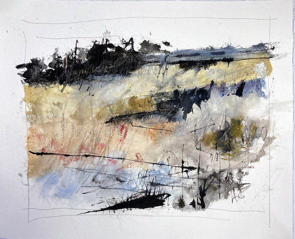 Marshes 1, watercolor with ink and crayon on paper landscape painting by Cerulean Arts Collective member Mark Willie