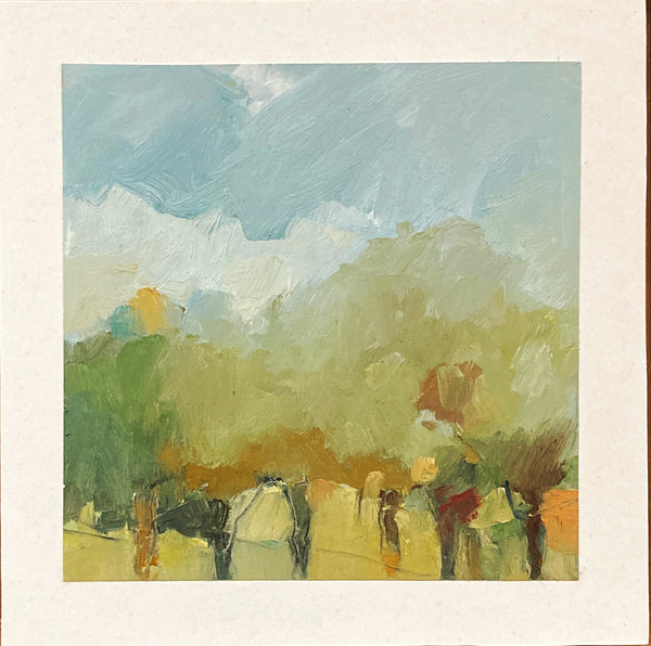 Abstract painting of a landscape with trees and sky