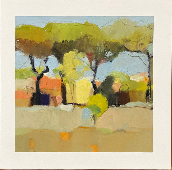 Abstract landscape painting with trees and buildings in a stylized manner