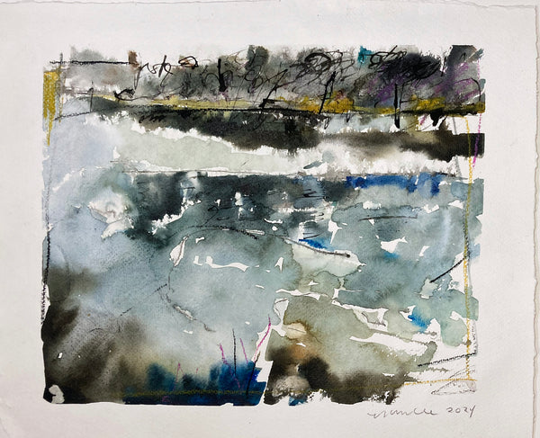 Sheppard Pond 1, watercolor with ink and crayon on paper landscape painting by Cerulean Arts Collective member Mark Willie