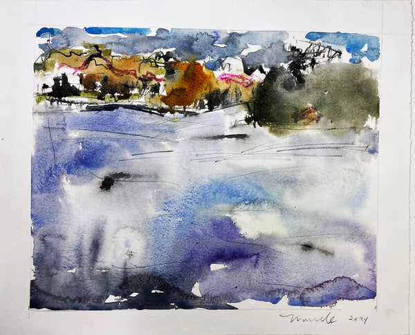 Sheppard Pond 2, watercolor with ink and crayon on paper landscape painting by Cerulean Arts Collective member Mark Willie