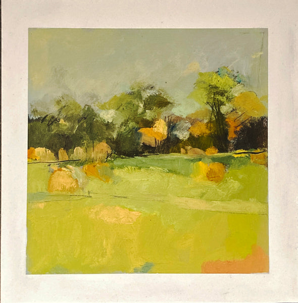 Painting of a landscape with trees and fields in soft colors