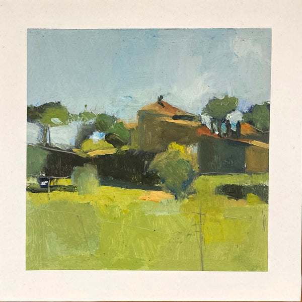 Painting of a rural landscape with buildings and trees