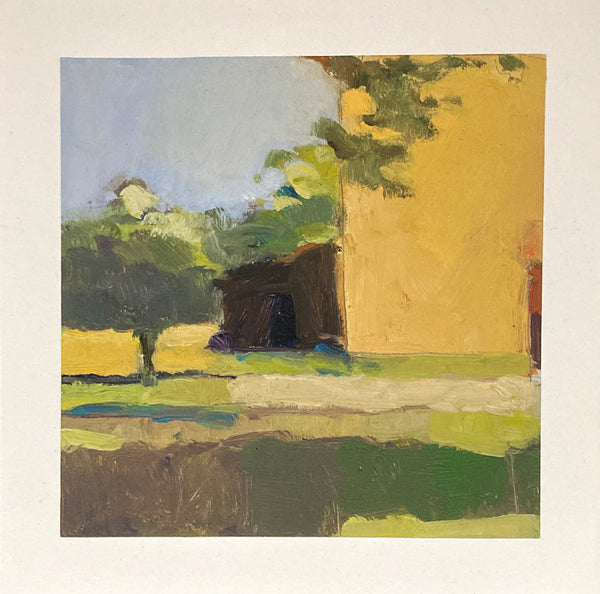 Abstract painting with a yellow wall, green trees, and a blue sky.