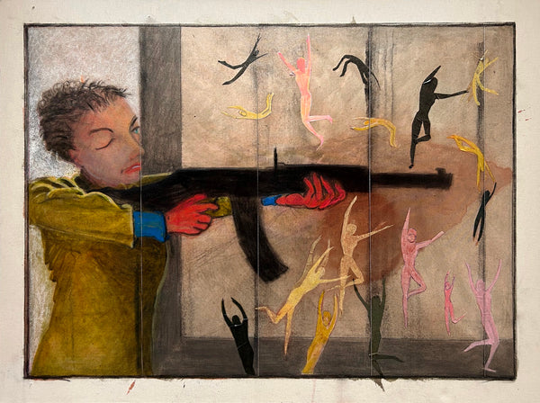 Acrylic and mixed media painting of a person holding a gun with colorful figures in the background