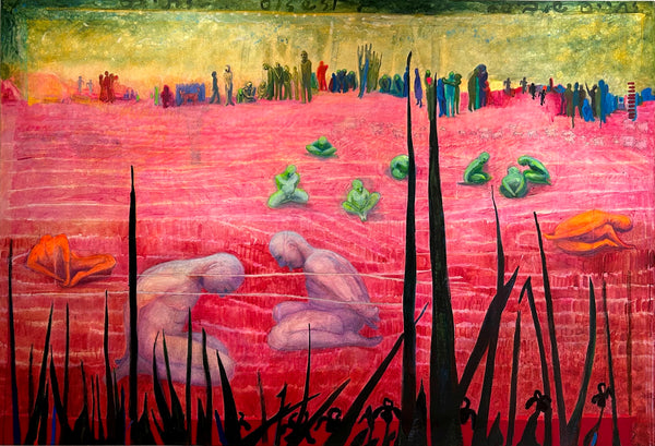 Acrylic painting of a landscape with two large figures kneeling in red fields, green plants, and people in the distance.