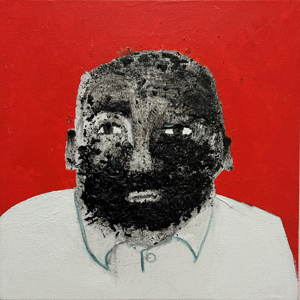 Fred, acrylic on canvas with burnt paper & white out painting by Cerulean Arts Collective Member Ruth Wolf. 