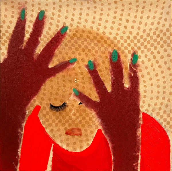 Painting of a face with hands covering it against a patterned background